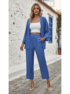 Efnaz Style Kadın Uzun Kollu Önü Açık Dokuma Ceket ve Pantolon Ikili Takım