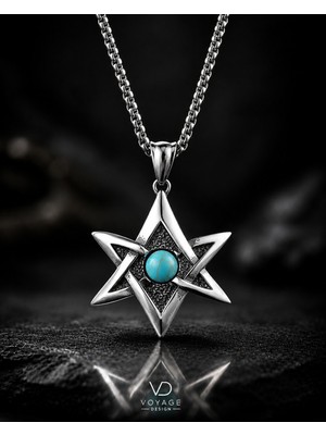 Voyage Accessory Paslanmaz Çelik Gotik Stil Turkuaz Taşlı Pentagram Yıldızı Kolye