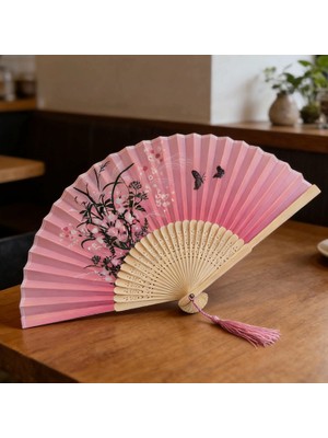 Bambu Kumaş Serinletici Vintage Pembe Şık Dekorasyon Püsküllü Japon Yelpaze
