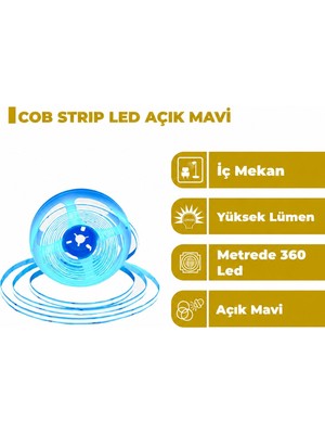 Zeyrise 5 Metre Cob Iç Mekan Şerit LED Açık Mavi