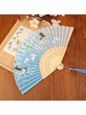 Bambu Kumaş Serinletici Vintage Mavi Şık Dekorasyon Püsküllü Japon Yelpaze