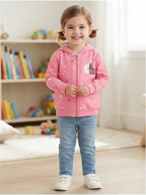 Erca Home Tekstil Ürünleri %100 Pamuklu Şardonsuz Iki Iplik Çiçek Desen Fermuarlı Kız Hırka 12 Ay,2y,3y,4y Kız
