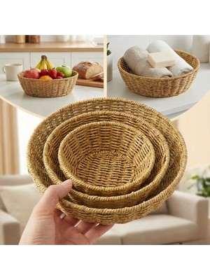 Go İthalat Plastik Rattan Hasır Görünümlü 3'lü Kase Çok Amaçlı Düzenleyici Sepet Seti