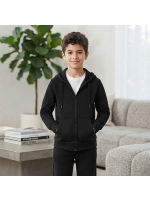 Erca Home Tekstil Ürünleri %100 Pamuklu Üç Ip Kapüşonlu Polar Fermuarlı Siyah Penye Pamuklu Okul Hırkası 5Y,7Y,9Y,11Y Unısex