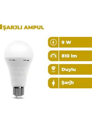 Zeyrise 9W Şarjlı LED Ampul 6500K Beyaz Işık