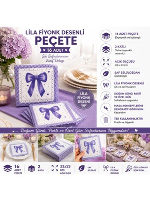 Bkmc Fiyonk Desenli  16'lı Parti Peçetesi 33X33 cm | Fiyonklu Şık Peçete | Doğum Günü Baby Shower Özel Gün | Pembe Siyah Kırmızı Lila