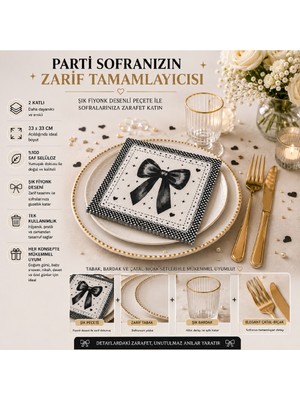 Bkmc Fiyonk Desenli  16'lı Parti Peçetesi 33X33 cm | Fiyonklu Şık Peçete | Doğum Günü Baby Shower Özel Gün | Pembe Siyah Kırmızı Lila