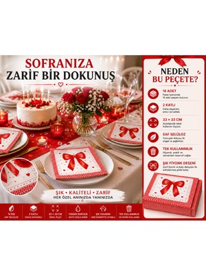Bkmc Fiyonk Desenli  16'lı Parti Peçetesi 33X33 cm | Fiyonklu Şık Peçete | Doğum Günü Baby Shower Özel Gün | Pembe Siyah Kırmızı Lila