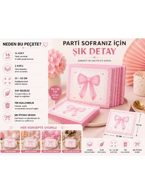 Bkmc Fiyonk Desenli  16'lı Parti Peçetesi 33X33 cm | Fiyonklu Şık Peçete | Doğum Günü Baby Shower Özel Gün | Pembe Siyah Kırmızı Lila