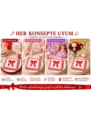Bkmc Party Fiyonk Desenli  16'lı Parti Peçetesi 33X33 cm | Fiyonklu Şık Peçete | Doğum Günü Baby Shower Özel Gün | Pembe Siyah Kırmızı Lila