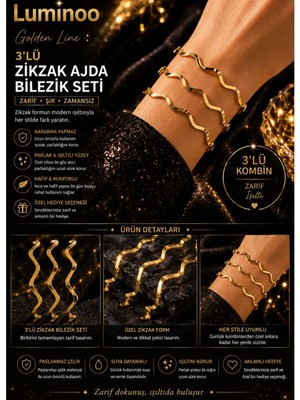Luminoo Golden Line 3'lü Zigzag Işıltı Ajda Bilezik Seti