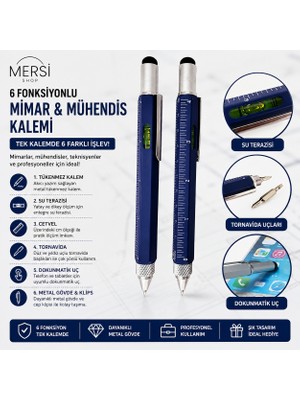 Mersi Shop 6 Fonksiyonlu Mimar Mühendis Kalemi Su Terazili Cetvelli Tornavidalı Dokunmatik Metal Tükenmez Kalem