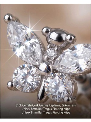 Begonia Accessories 316L Cerrahi Çelik Gümüş Kaplama Kararmaz Alerji Yapmaz Zirkon Taş Figür Unisex Tragus Helix Küpe PIERCING-238-4
