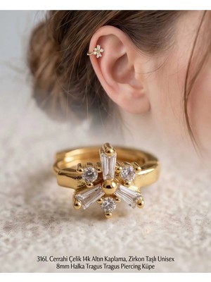 Begonia Accessories 316L Cerrahi Çelik Altın Kaplama Kararmaz Alerji Yapmaz Zirkon Taş Figür Unisex Tragus Helix Küpe PIERCING-238A-3