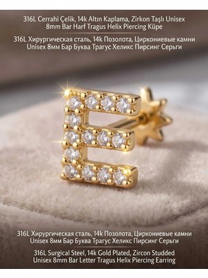 Begonia Accessories 316L Cerrahi Çelik Altın Kaplama Kararmaz Alerji Yapmaz Zirkon Taş Figür Unisex Tragus Helix Küpe PIERCING-238B-7