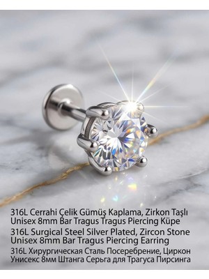 Begonia Accessories 316L Cerrahi Çelik Gümüş Kaplama Kararmaz Alerji Yapmaz Zirkon Taş Figür Unisex Tragus Helix Küpe PIERCING-238-1