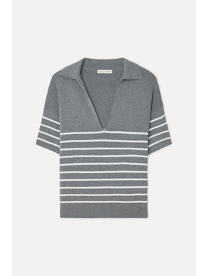 Mudo Kadın Çizgili Loose Fit Polo Yaka Kısa Kollu Kazak