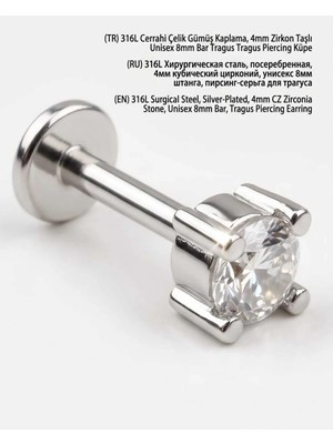 Begonia Accessories 316L Cerrahi Çelik Gümüş Kaplama Kararmaz Alerji Yapmaz Zirkon Taş Figür Unisex Tragus Helix Küpe PIERCING-238-10