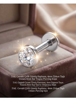Begonia Accessories 316L Cerrahi Çelik Gümüş Kaplama Kararmaz Alerji Yapmaz Zirkon Taş Figür Unisex Tragus Helix Küpe PIERCING-238-8
