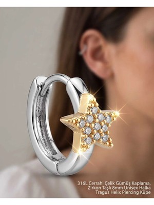 Begonia Accessories 316L Cerrahi Çelik Gümüş Kaplama Kararmaz Alerji Yapmaz Zirkon Taş Figür Unisex Tragus Helix Küpe PIERCING-238-3