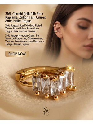 Begonia Accessories 316L Cerrahi Çelik Altın Kaplama Kararmaz Alerji Yapmaz Zirkon Taş Figür Unisex Tragus Helix Küpe PIERCING-238B-14