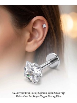 Begonia Accessories 316L Cerrahi Çelik Gümüş Kaplama Kararmaz Alerji Yapmaz Zirkon Taş Figür Unisex Tragus Helix Küpe PIERCING-238-20