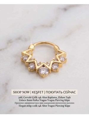 Begonia Accessories 316L Cerrahi Çelik Altın Kaplama Kararmaz Alerji Yapmaz Zirkon Taş Figür Unisex Tragus Helix Küpe PIERCING-238A-34