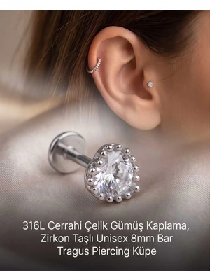 Begonia Accessories 316L Cerrahi Çelik Gümüş Kaplama Kararmaz Alerji Yapmaz Zirkon Taş Figür Unisex Tragus Helix Küpe PIERCING-238-9