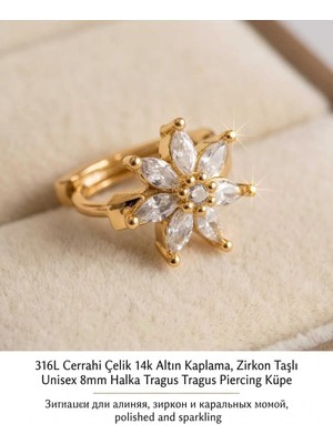 Begonia Accessories 316L Cerrahi Çelik Altın Kaplama Kararmaz Alerji Yapmaz Zirkon Taş Figür Unisex Tragus Helix Küpe PIERCING-238A-7