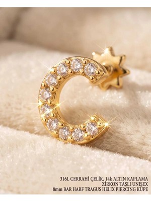 Begonia Accessories 316L Cerrahi Çelik Altın Kaplama Kararmaz Alerji Yapmaz Zirkon Taş Figür Unisex Tragus Helix Küpe PIERCING-238B-23