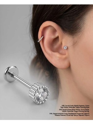 Begonia Accessories 316L Cerrahi Çelik Gümüş Kaplama Kararmaz Alerji Yapmaz Zirkon Taş Figür Unisex Tragus Helix Küpe PIERCING-238-18