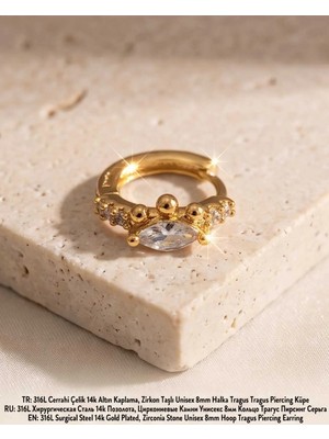 Begonia Accessories 316L Cerrahi Çelik Altın Kaplama Kararmaz Alerji Yapmaz Zirkon Taş Figür Unisex Tragus Helix Küpe PIERCING-238A-12