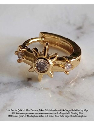 Begonia Accessories 316L Cerrahi Çelik Altın Kaplama Kararmaz Alerji Yapmaz Zirkon Taş Figür Unisex Tragus Helix Küpe PIERCING-238A-4