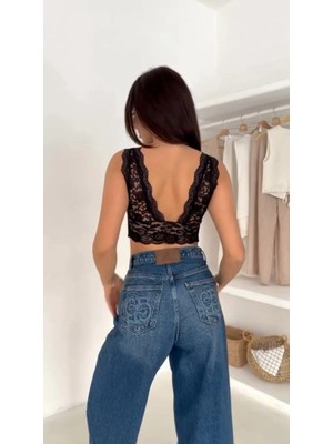 Tarz Yeri Kadın Dantel Bralet Crop Sütyen V Yaka Askılı Şık Esnek Rahat - Siyah