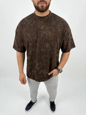Tarz Yeri Erkek Premium Tişört Osy Yumuşak Dokulu Yıkamalı Oversize T-Shirt - Kahverengi