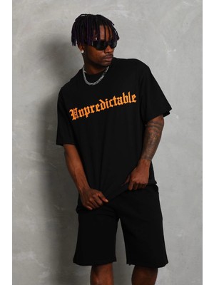 Tarz Yeri Erkek Baskılı Tişört Kısa Kol Bisiklet Yaka Oversize T-Shirt - Siyah