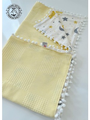 Sarı Waffle Pike 100X100 cm Ay Müslin Ponponlu Çok Amaçlı Battaniye