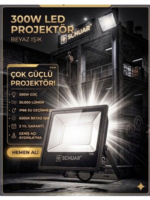 Schuar 300W LED Projektör Beyaz Işık,yüksek Lümen, Bahçe Aydınlatma,sokak Aydınlatma IP65,GÜÇLÜ Saha ve Bahçe Aydınlatması