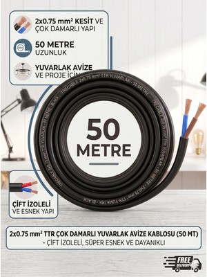 Econa 50MT Ağaç Feneri Kablosu 2x0,75 Ttr Hoparlör Kablo ,elektrik Montaj Kablosu,avize Abajur Lambader Duy Yuvarlak Kablo