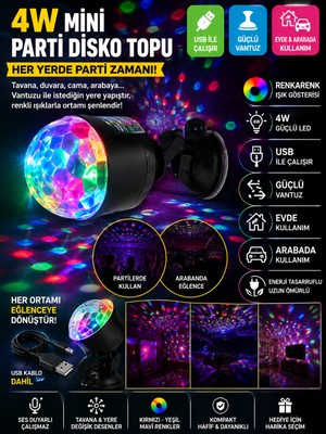 Novo 4W Mini USB Disko Topu Renkli Rgb LED Partilambası, Araba & Ev IÇIN360° Dönen Renkli LED Disko Ampulü -Standart Duy, Gece Kulübü & Pavyon Efektli Parti Lambası