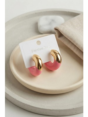 Uravas Store 316L Çelik Gold Renk Fuşya Halka Model Kadın Küpe