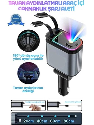 Adalı Store LED Işık Tavan Aydınlatmalı 66W 4’1 Çift Kablolu Hızlı Şarj 3.4A Araç Içi Çakmaklık Şarj Aleti