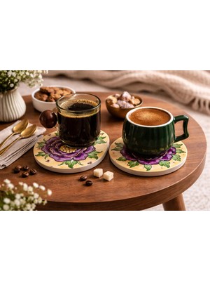 Muguetarts %100 El Yapımı Seramik Çiçek Desenli Bardak Altlığı 10CM