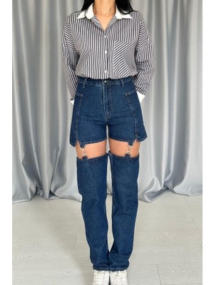 İkales Ikales Mavi Askılı Iki Parça Jeans Pantolon