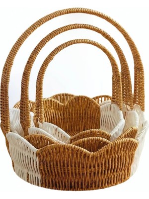 Go İthalat Plastik Rattan Hasır Görünümlü 3'lü Dalgalı Model Yuvarlak Çok Amaçlı Organizer Sepet