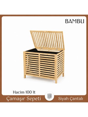 Go İthalat Kalın Ahşap Bambu Siyah Kumaş Çantalı Kirli Çamaşır Sepeti 50x38x55 cm.