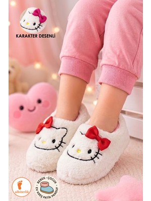 Albishoes Kız Çocuk Panduf Ev Patiği Pamuk Astarlı Karakter Figürlü Ev Kreş Ayakkabı Kity Desenli