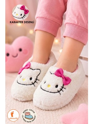 Albishoes Kız Çocuk Panduf Ev Patiği Pamuk Astarlı Karakter Figürlü Ev Kreş Ayakkabı Kity Desenli