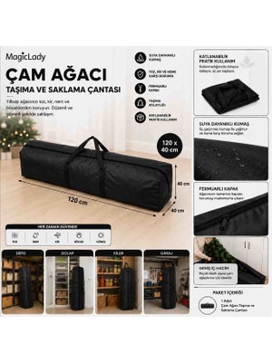 Magic Lady 120*40 Siyah Çam Ağacı Taşıma ve Saklama Çantası Fermuarlı Yeşil Yılbaşı Ağacı Hurcu