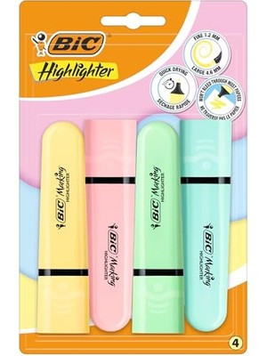 Esranın Dünyası Bıc Marking Flat Higlighter Pastel Fosforlu Kalem 4'lü Blister, 4 Pastel Renk (Sarı, Mavi, Pembe, Yeşil), Su Bazlı, Hızlı Kuruyan Mürekkep